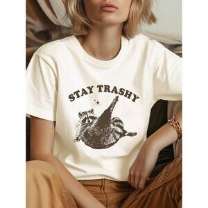 INAWLY Retro Funny Raccoon Print Short Sleeve T-Shirt Graphic Tees Women Tops